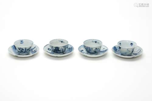 A Group of 4 Blue and White Landscape Cups and Saucers
