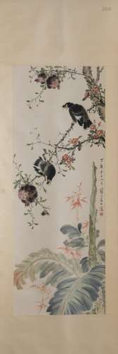 A Color on Paper of Birds and Floral by Jiang Hanting