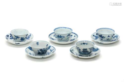 A Group of 5 Blue and White Figural Cups and Saucers
