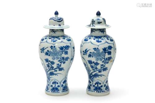 A Pair of Blue and White Floral and Bird Guanyin Vases