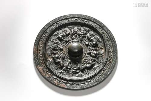 A Figural and Mystical Beasts Bronze Mirror