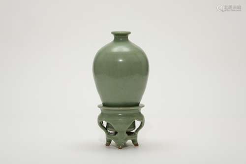 A Longquan Celadon Glazed Meiping Vase with Stand