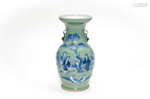 A Celadon Blue and White Figual Vase