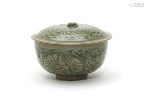 A Yaozhou Ware Celadon Glazed High Relief Bowl with Lid