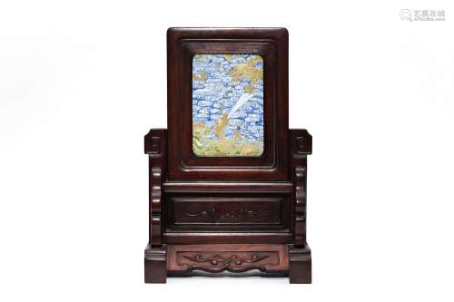A Famille Rose Dragons Table Screen with Hongmu Frame