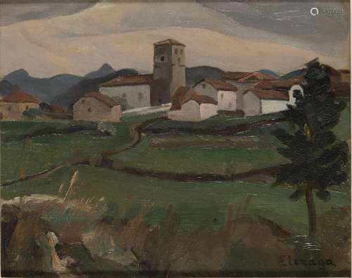 43. Hélène ELIZAGA (1896-1981). Vue de village, pays basque....