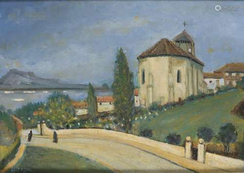 44. Hélène ELIZAGA (1896-1981).Église de Bidart.Huile sur is...