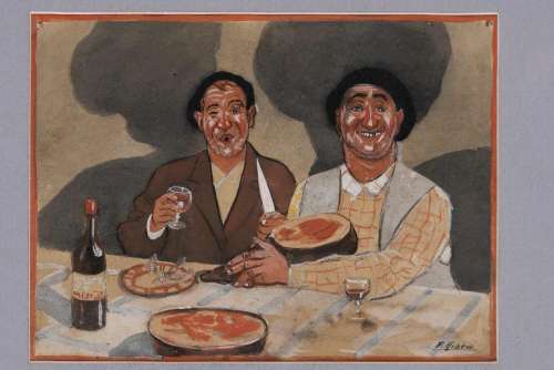 1. Pedro RIBERA (1867-1949). Scène de taverne.Gouache et aqu...