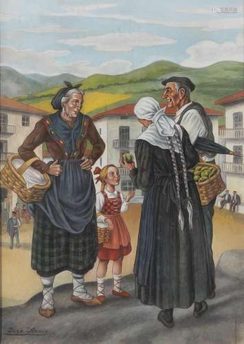 28. José ARRUE Y VALLE (1885-1977). Rencontre au village.Gou...