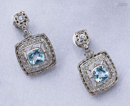 Pair of platinum earrings with aquamarines and diamonds
