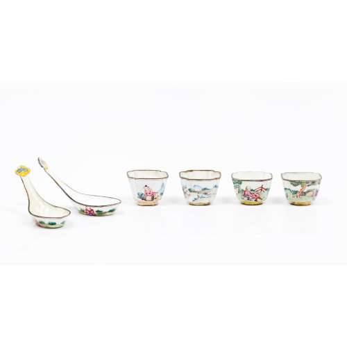 A set of four bowls and two spoons