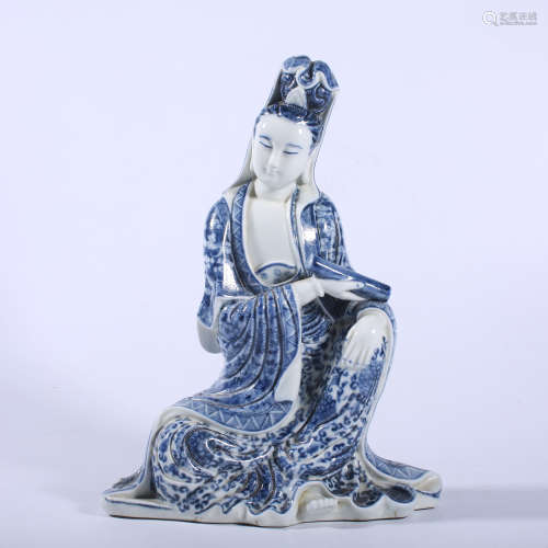 Blue and white Guanyin sitting statue in Qing Dynasty