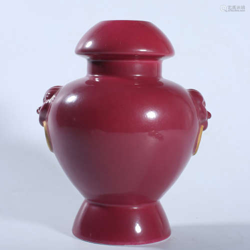 Qing Dynasty red glazed double ear bottle