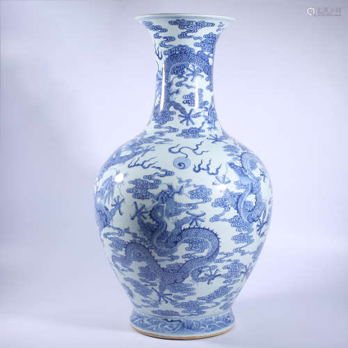 Qing Dynasty blue and white dragon vase