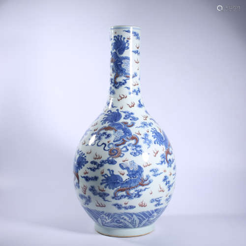 Qing Dynasty blue and white underglaze red dragon pattern ga...