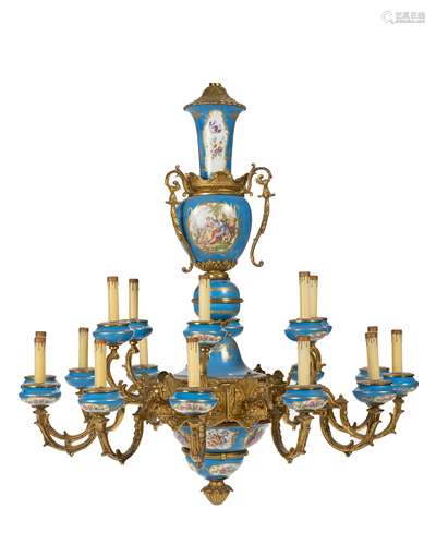 A Sevres-style gilt-bronze and porcelain chandelier