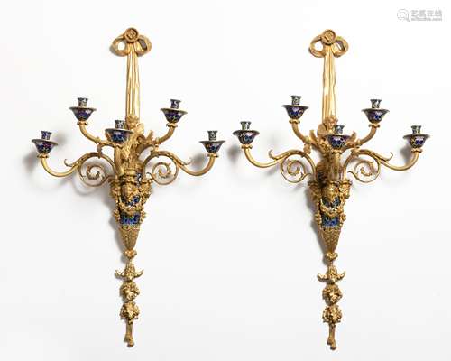 A pair of gilt-bronze and cloisonne sconces