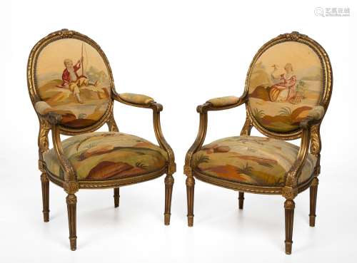 A pair of Louis XVI-style carved giltwood and tapestry