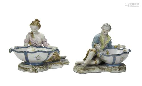 A pair of Meissen-style figural sweet meat porcelain