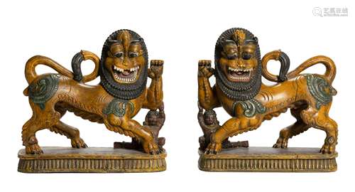 A pair of South Asian carved wood Yali temple guards