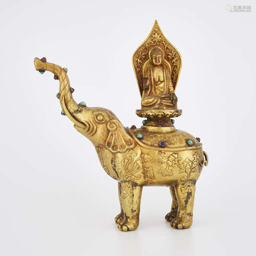 Gilt Bronze Hard-Stone Inlaid Figure of Buddha and Elephant