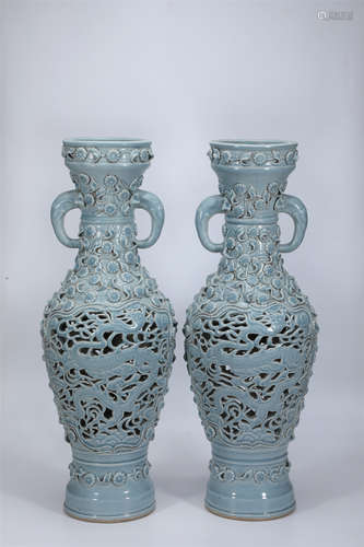 A Pair of Celadon Dragon Vase with Elephant Handles