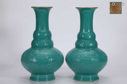 A Pair of Turquoise Glazed Dragon Vase