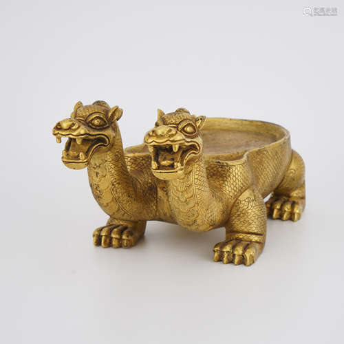 Gilt Bronze Two-Head Dragon Inkstone