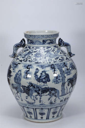 Blue and White Figure Jar with Dragon Handles