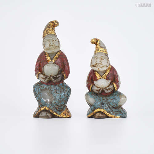 A Pair of Elder Nephrite Painted Figure