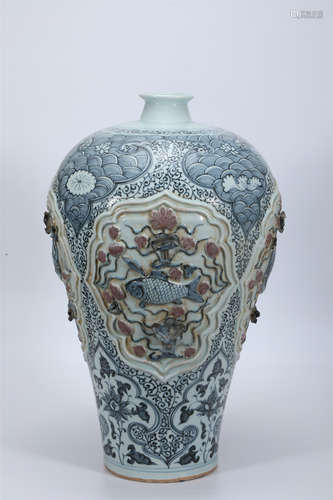 Blue and White Underglazed Red Fsih Meiping Vase