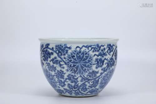 Blue and White Scrolling Lotus Jar