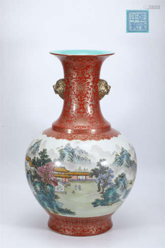 Famille Rose Gilt Landscape Beast-Handles Vase