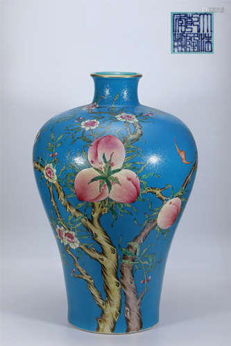 Famille Rose Blue Ground Peaches and Bats Meiping Vase