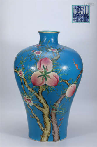 Famille Rose Blue Ground Peaches and Bats Meiping Vase