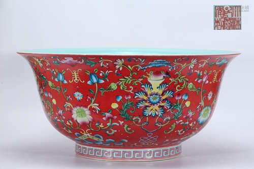 Famille Rose Red Ground Scrolling Lotus Bowl