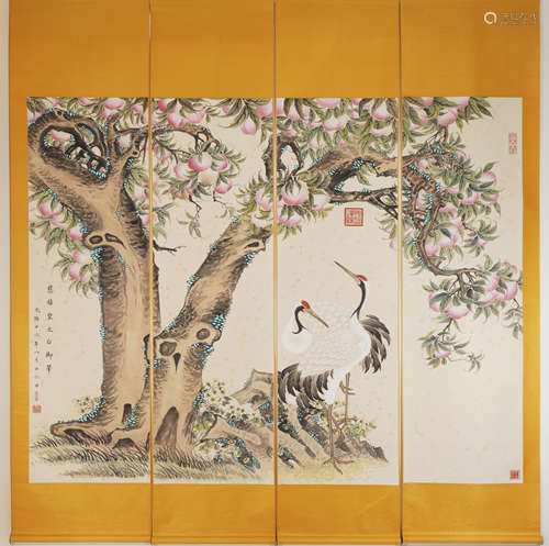 The Cranes and Peaches，Four Screens Painting by Empress Dowa...