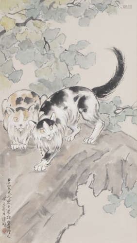 Twin Cats，Painting by Xu Beihong
