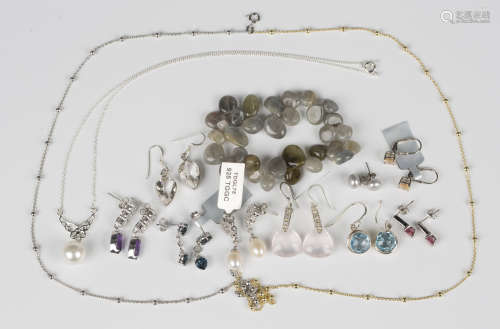 Nine pairs of varicoloured gem set earrings, including cultu...