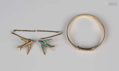 A pair of gold, turquoise and seed pearl brooches, circa 190...