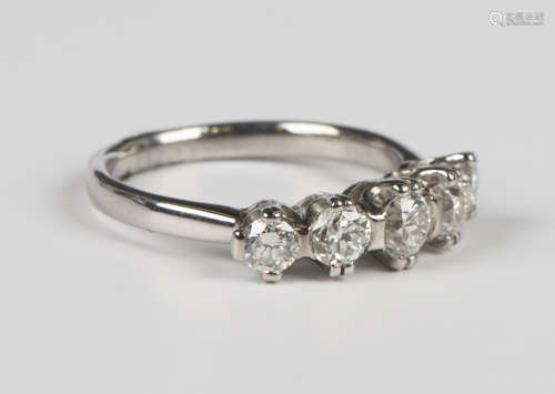 An 18ct white gold, platinum and diamond five stone ring, cl...