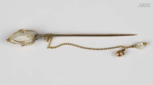 A gold and freshwater pearl stickpin with a detachable termi...