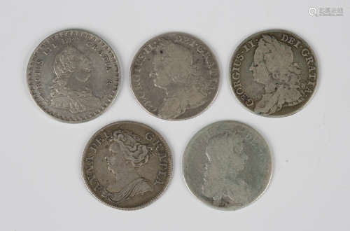 A group of British coins, comprising a George III one-shilli...