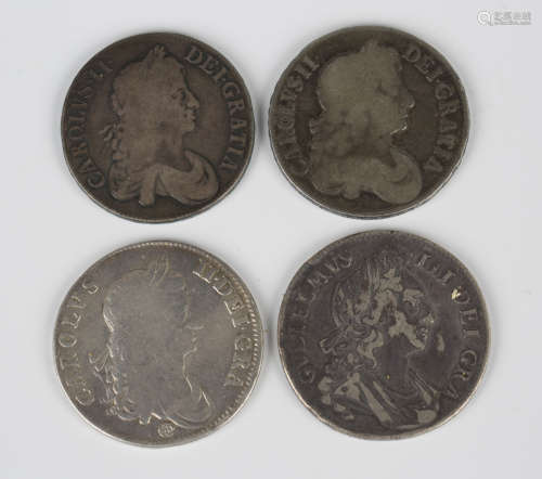 A group of four British coins, comprising three Charles II c...
