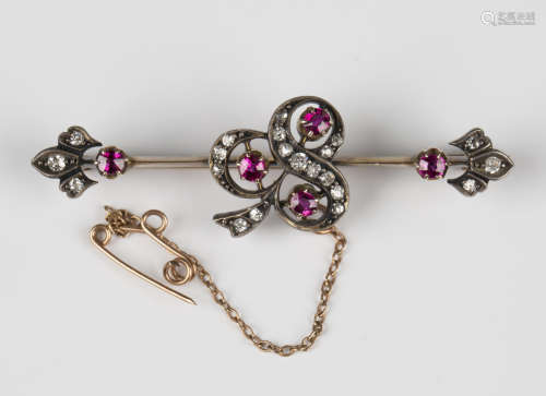 A gold and silver set, ruby and diamond brooch, circa 1900, ...
