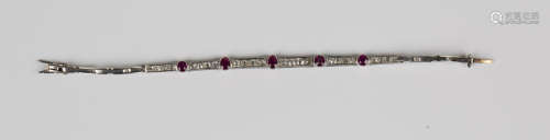 A ruby and diamond bracelet, designed as a row of five gradu...