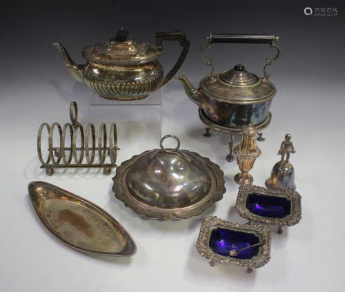 A group of plated items, including a cushion shaped teapot, ...