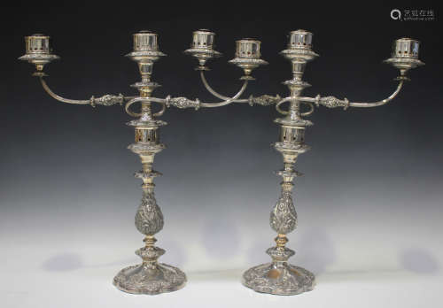 A pair of mid-19th century Sheffield plate three-light twin ...