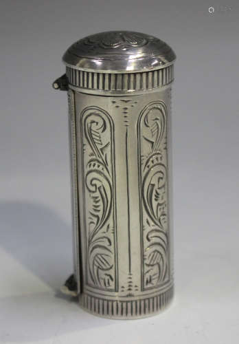 An early 20th century Dutch silver nutmeg grater of cylindri...