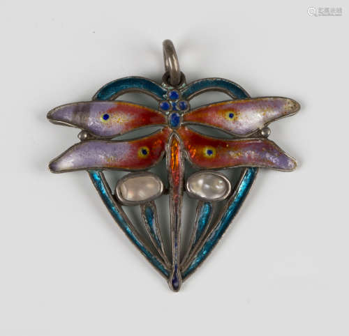 An enamelled and blister pearl pendant with a dragonfly moti...